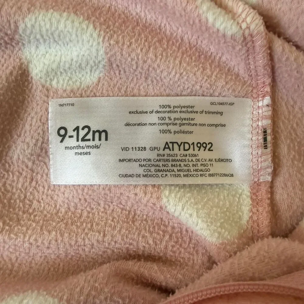 Carter’s Pink Polka Dot Bunny Fleece Sleep Sack 9–12 Months Wearable Blanket